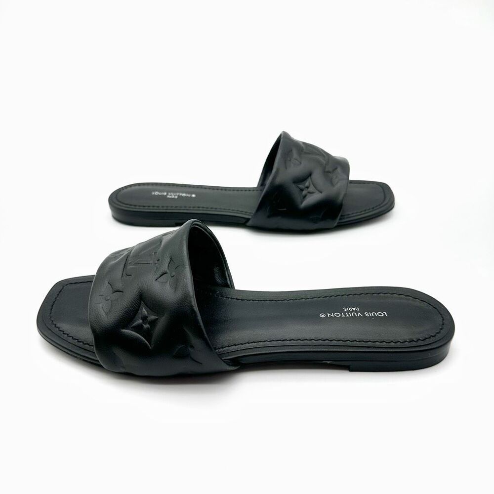 LOUIS VUITTON Embossed Monogram Revival Flat Mules Size 37 Black Logo Slides - Picture 9 of 12